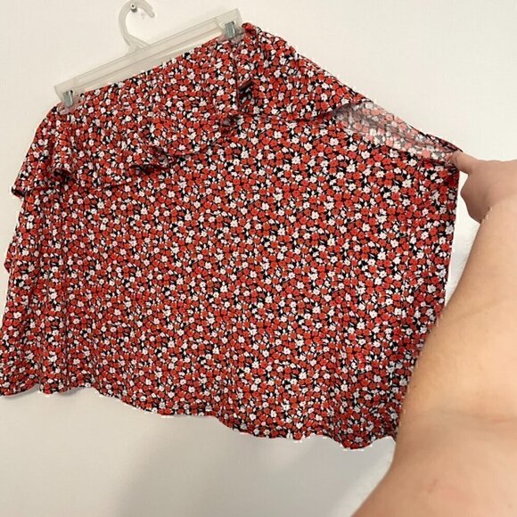 H&M One Shoulder Top Red White Navy Blue Floral Ruffle Trim 100% Cotton Tank 4XL - Picture 12 of 13